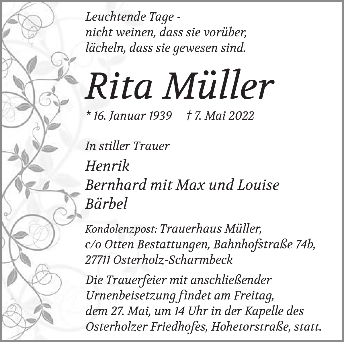  Traueranzeige für Rita Müller vom 13.05.2022 aus WESER-KURIER