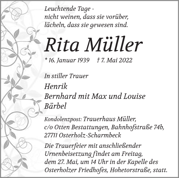 Traueranzeige von Rita Müller von WESER-KURIER