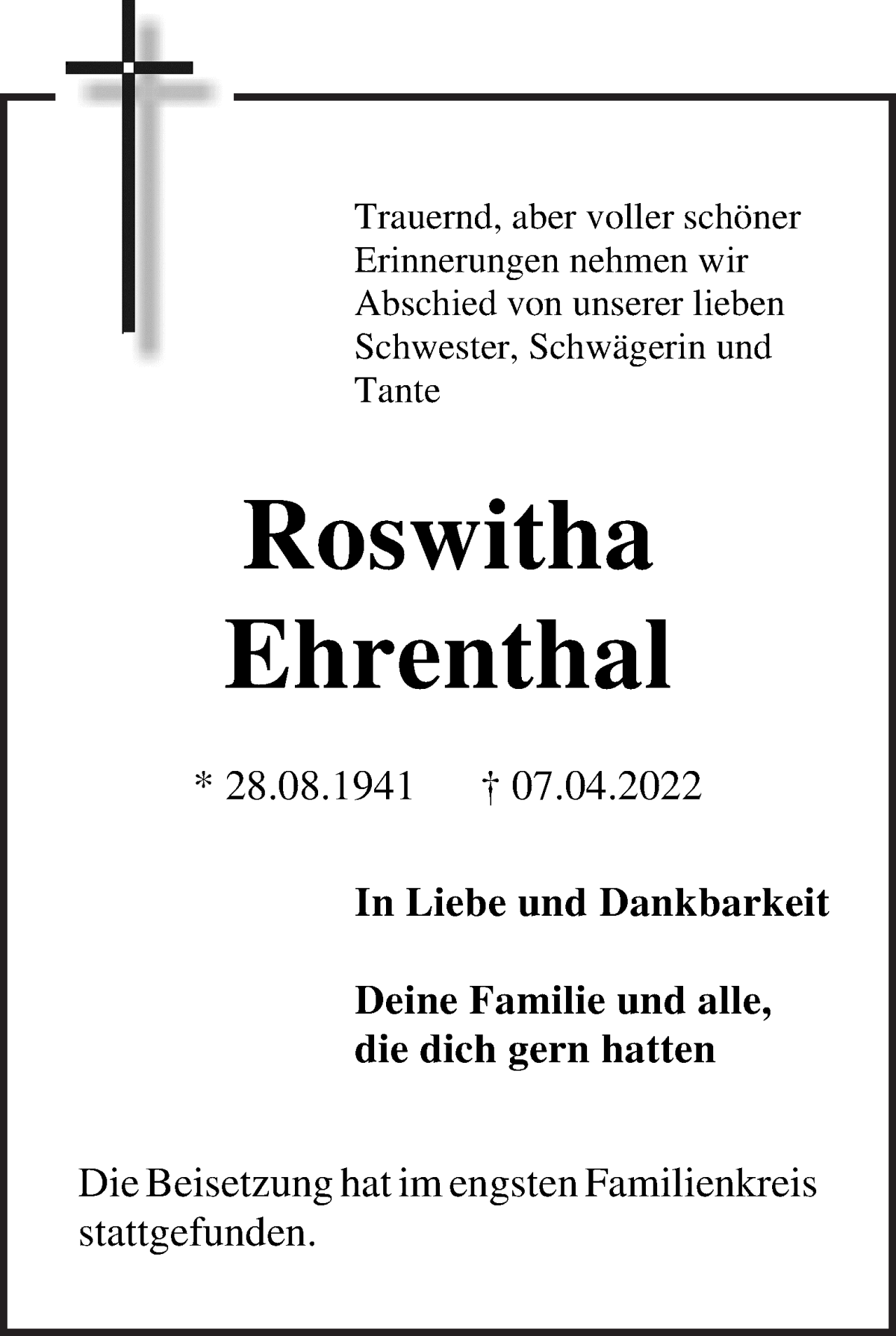 Traueranzeige von Roswitha Ehrenthal von WESER-KURIER