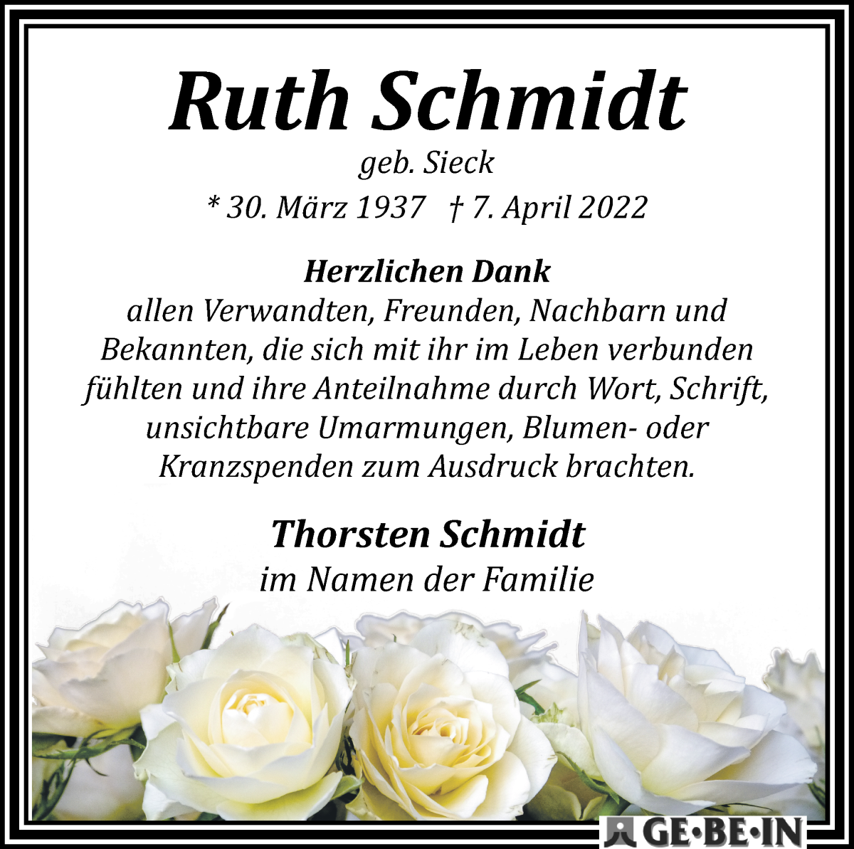 Traueranzeige von Ruth Schimdt von WESER-KURIER
