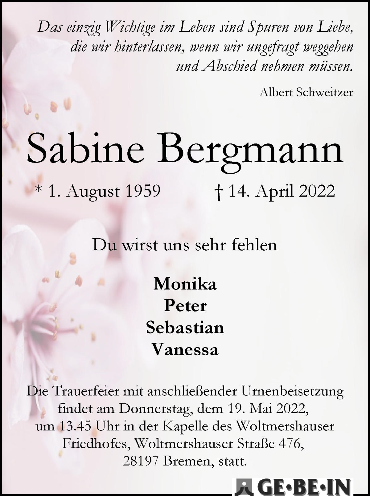 Traueranzeige für Sabine Bergmann vom 07.05.2022 aus WESER-KURIER