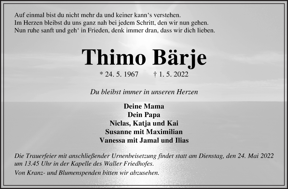 Traueranzeige von Thimo Bärje von WESER-KURIER