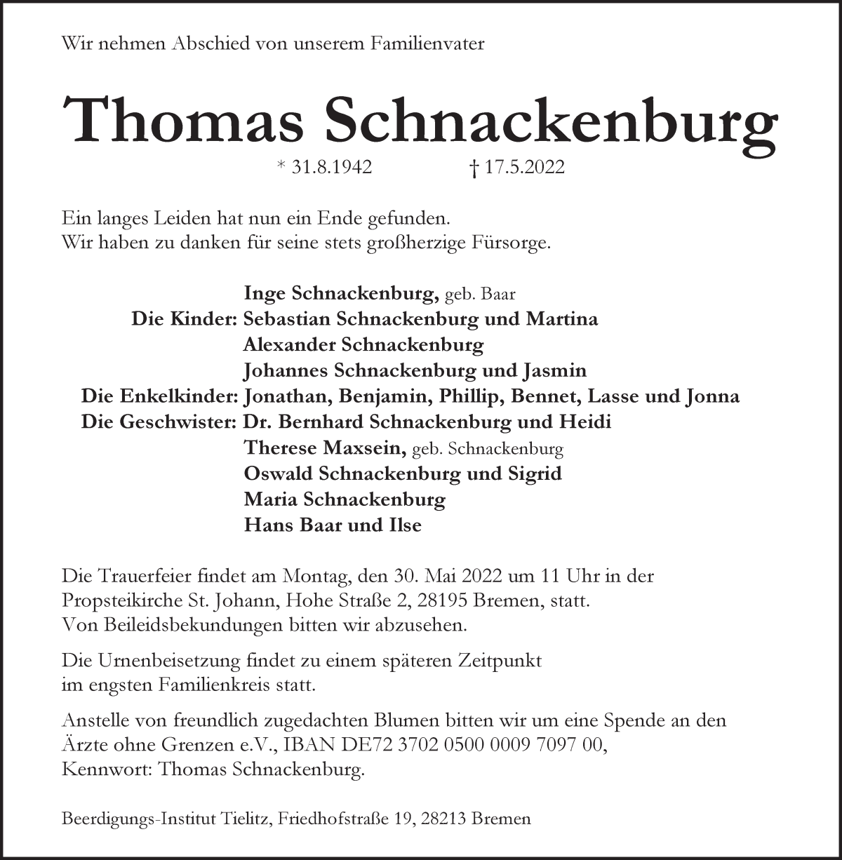 Traueranzeige von Thomas Schnackenburg von WESER-KURIER