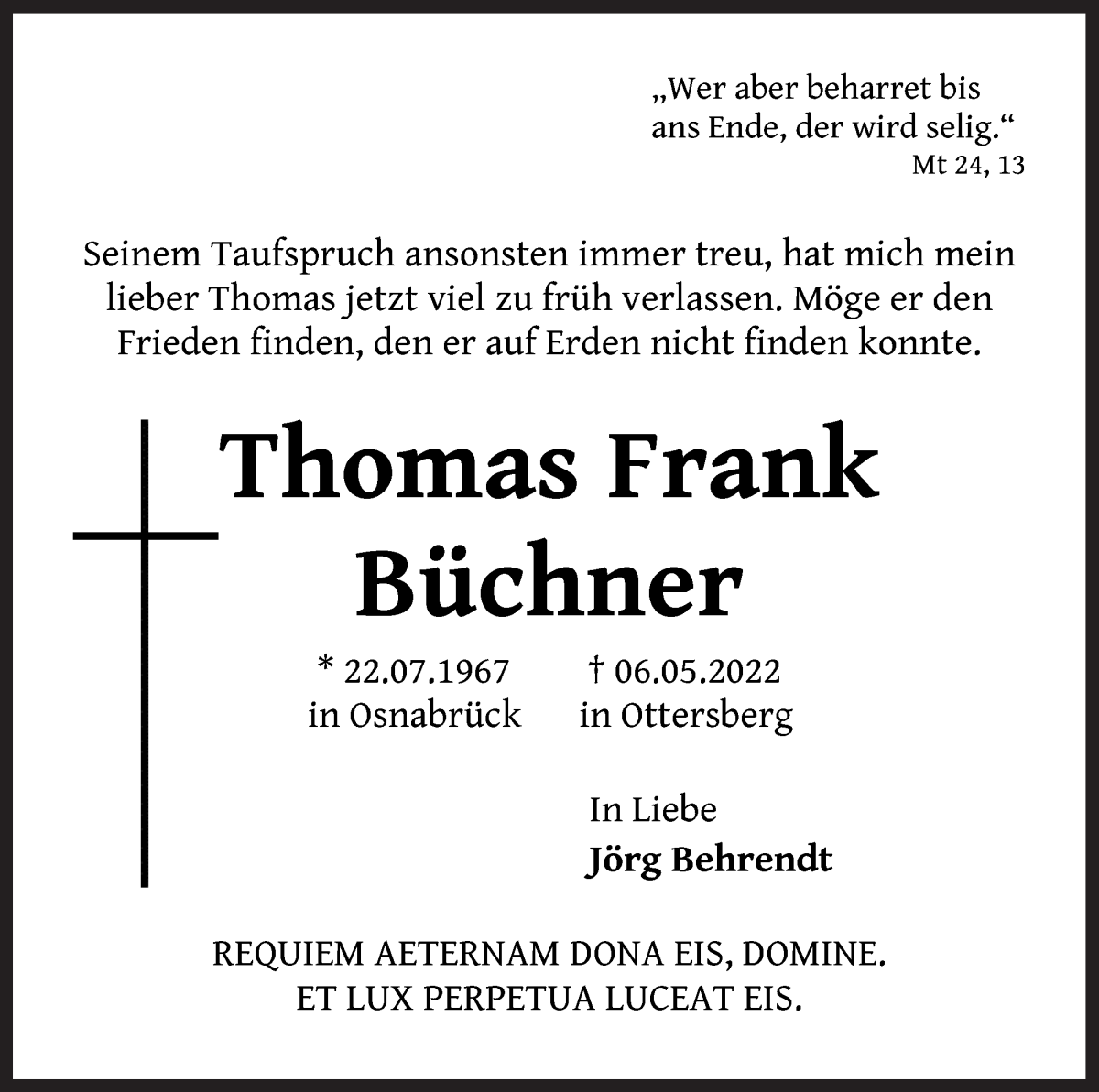 Traueranzeige von Thomas Frank Büchner von Achimer Kurier/Verdener Nachrichten