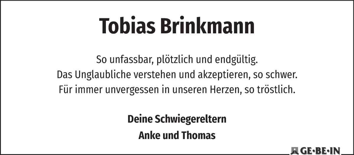  Traueranzeige für Tobias Brinkmann vom 07.05.2022 aus WESER-KURIER