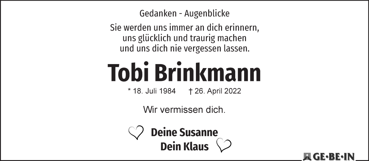  Traueranzeige für Tobias Brinkmann vom 07.05.2022 aus WESER-KURIER