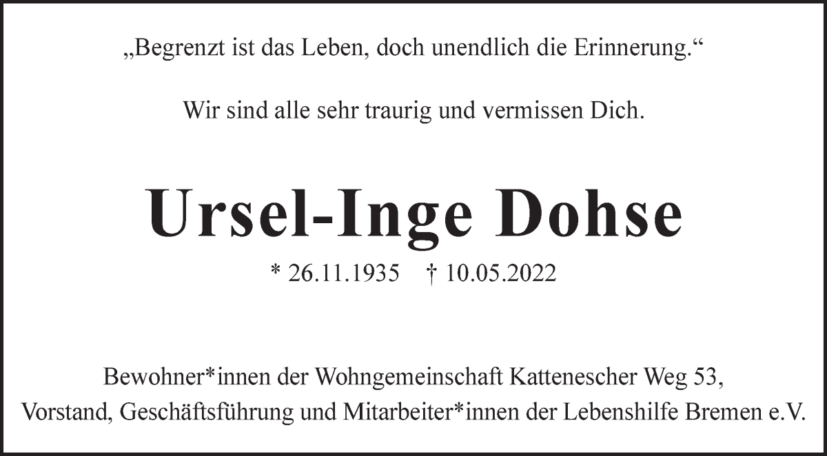  Traueranzeige für Ursel-Inge Dohse vom 18.05.2022 aus WESER-KURIER