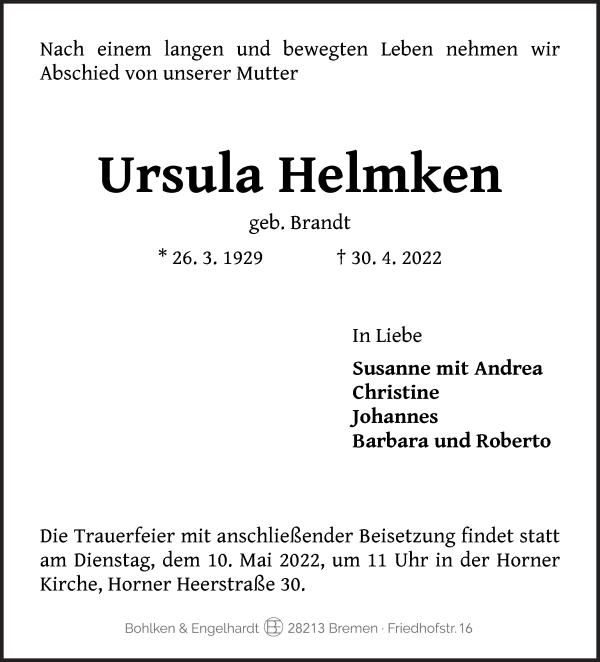 Traueranzeige von Ursula Helmken von WESER-KURIER