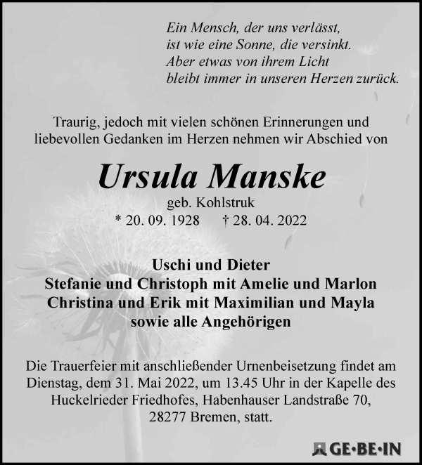Traueranzeige von Ursula Manske von WESER-KURIER