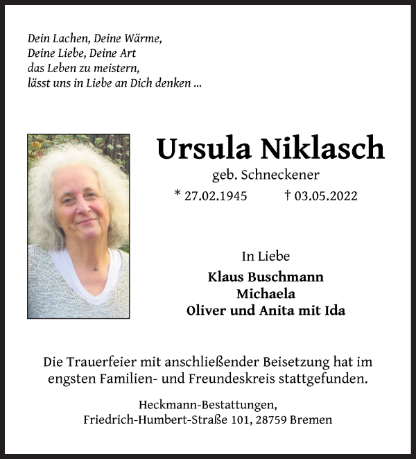 Traueranzeige von Ursula Niklasch von Die Norddeutsche