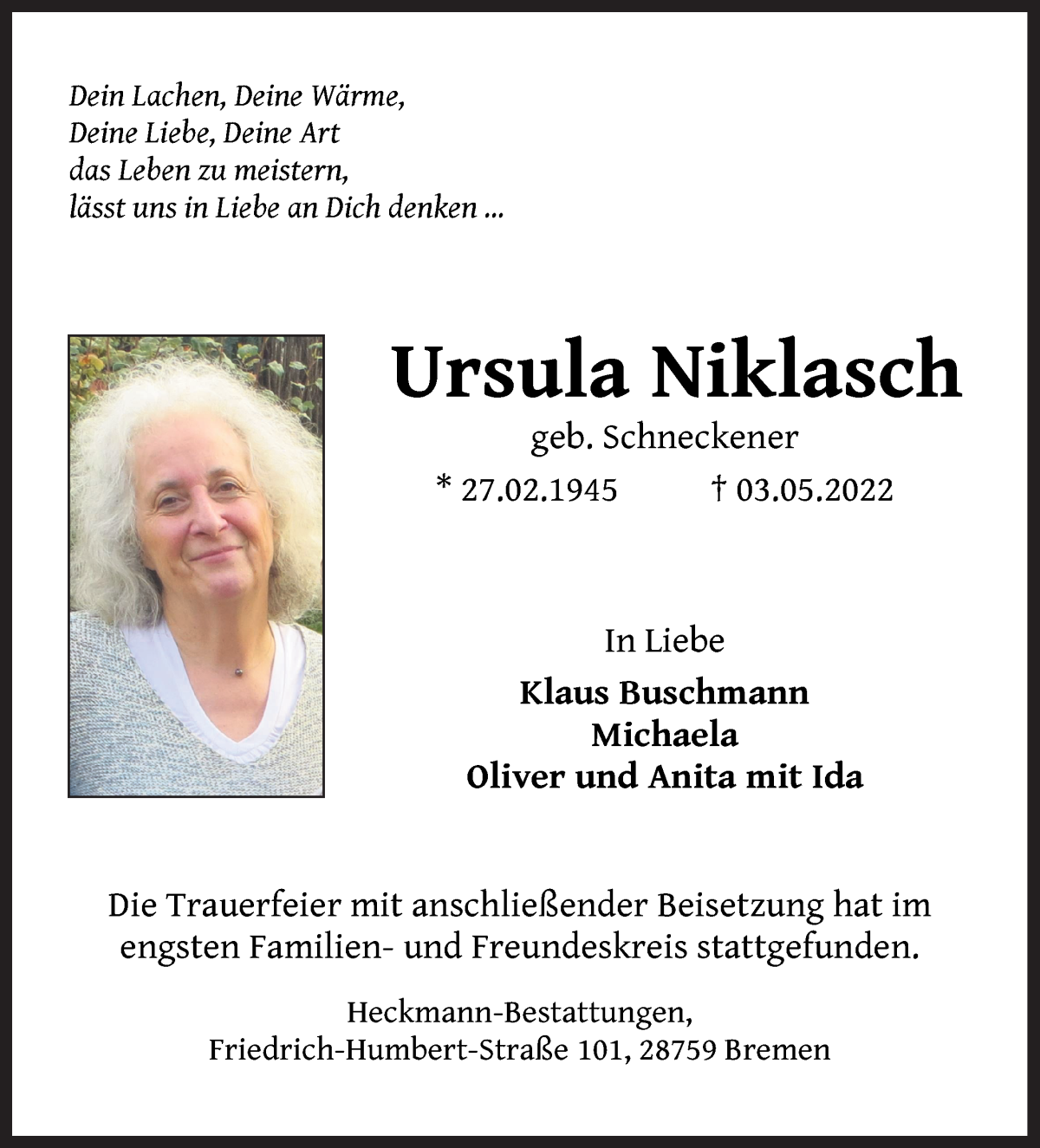  Traueranzeige für Ursula Niklasch vom 14.05.2022 aus Die Norddeutsche