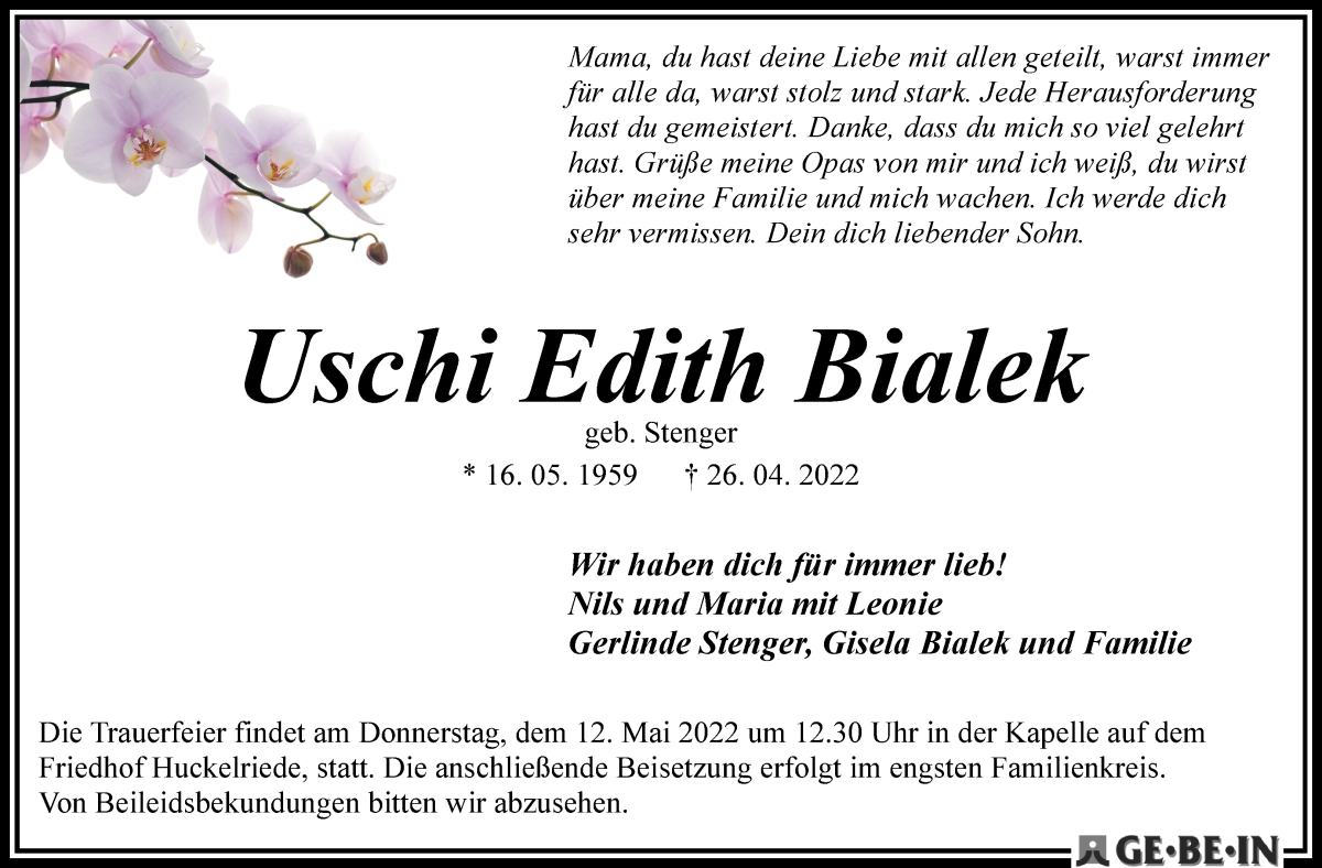  Traueranzeige für Uschi Edith Bialek vom 07.05.2022 aus WESER-KURIER