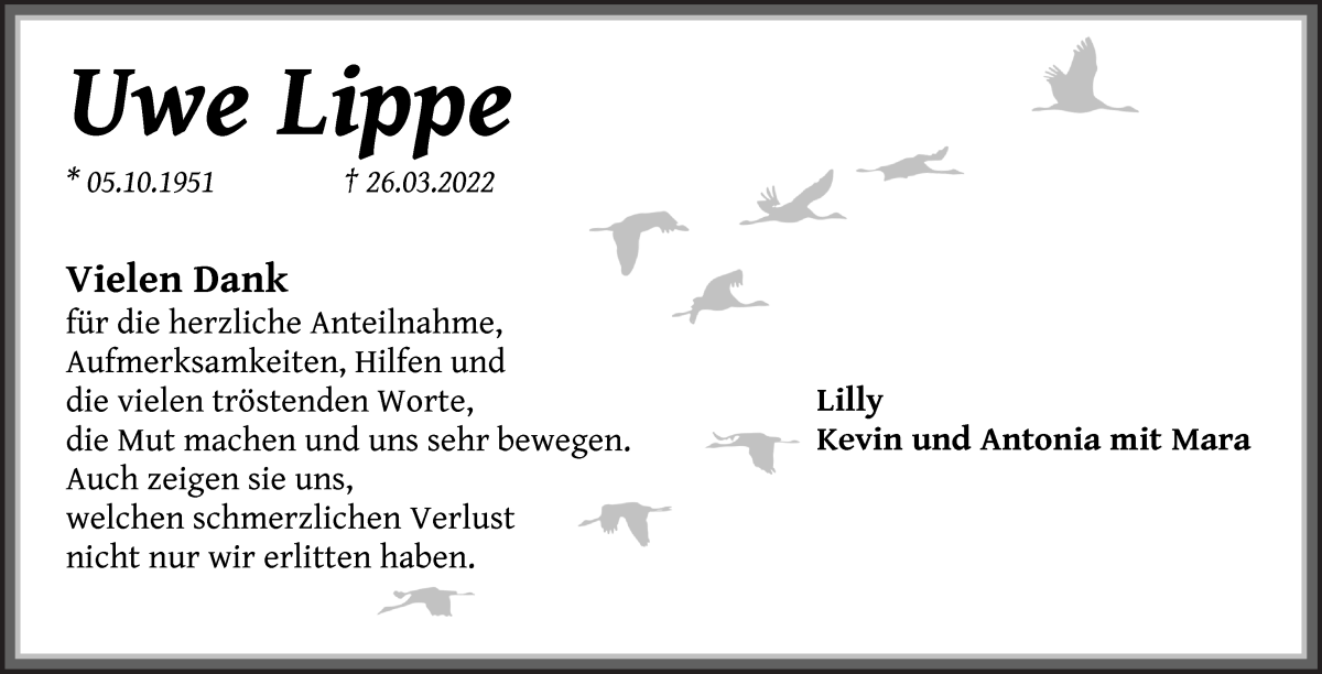  Traueranzeige für Uwe Lippe vom 07.05.2022 aus Die Norddeutsche