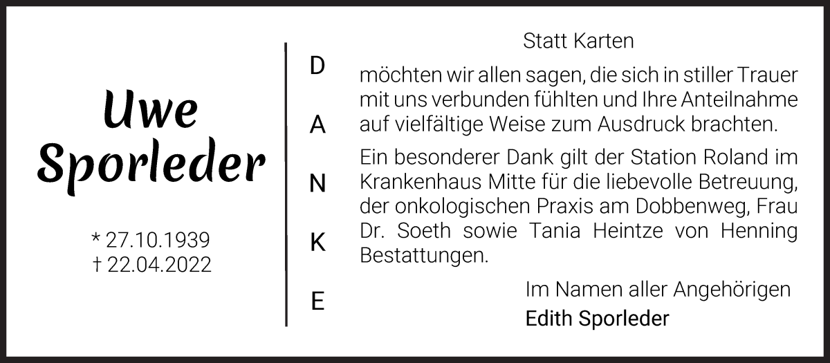  Traueranzeige für Uwe Sporleder vom 21.05.2022 aus WESER-KURIER