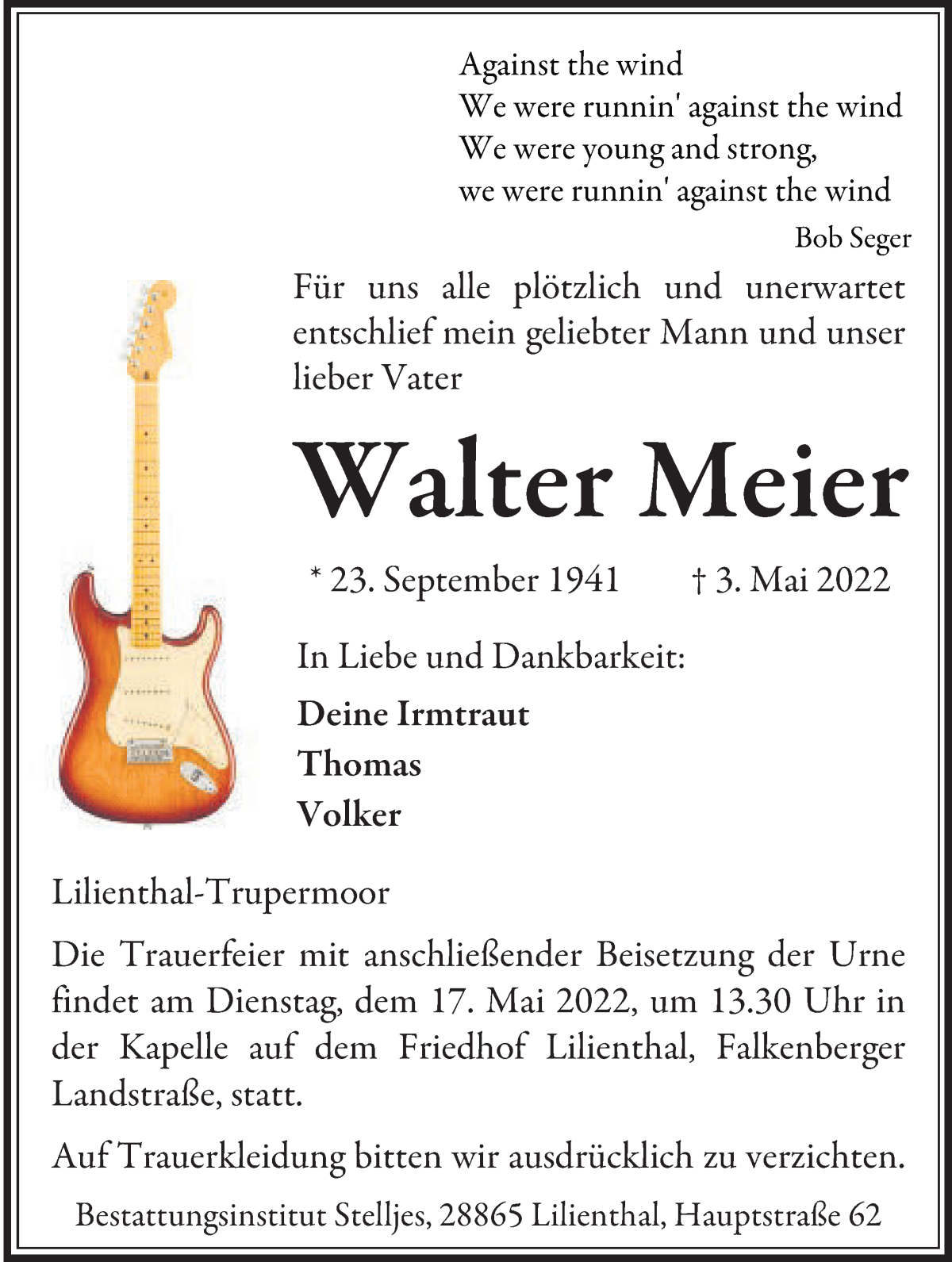 Traueranzeige von Walter Meier von Wuemme Zeitung
