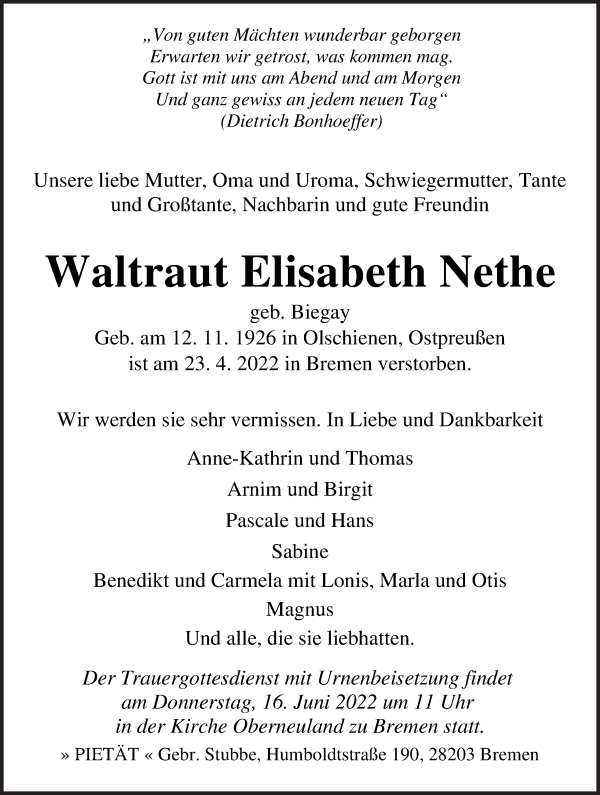 Traueranzeige von Waltraud Elisabeth Nethe von WESER-KURIER