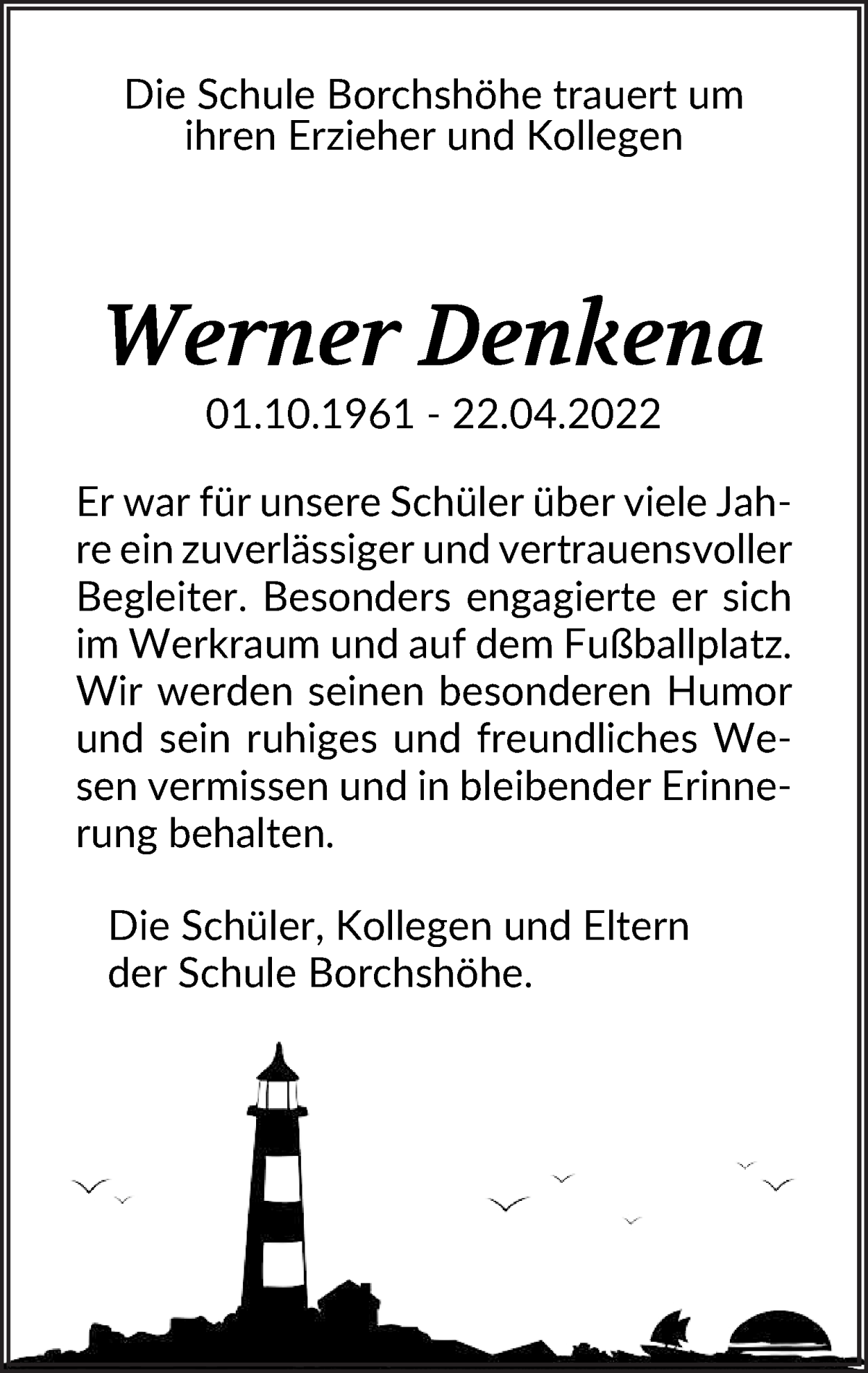  Traueranzeige für Werner Denkena vom 04.05.2022 aus Die Norddeutsche