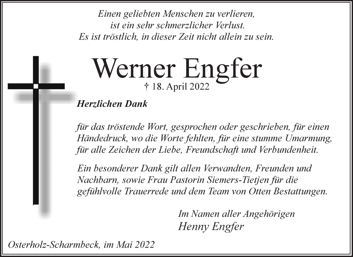  Traueranzeige für Werner Engfer vom 28.05.2022 aus Osterholzer Kreisblatt