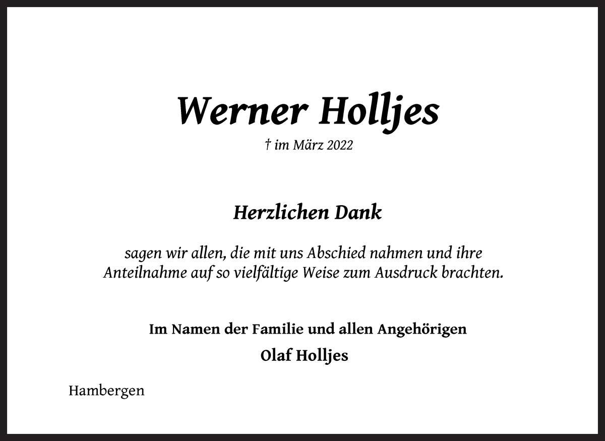  Traueranzeige für Werner Holljes vom 14.05.2022 aus Osterholzer Kreisblatt