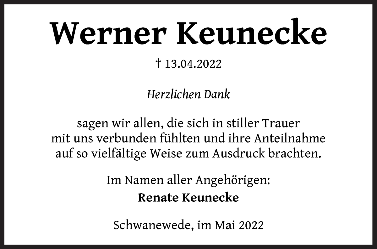  Traueranzeige für Werner Keunecke vom 07.05.2022 aus Die Norddeutsche