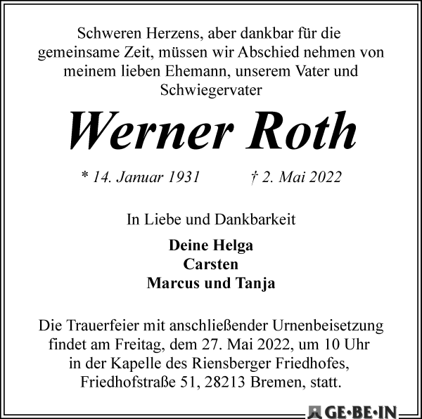 Traueranzeige von Werner Roth von WESER-KURIER