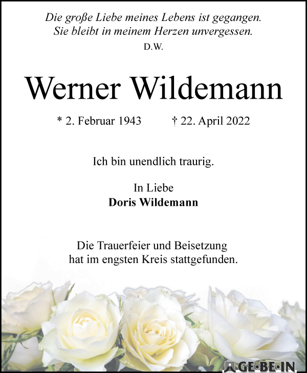 Traueranzeige von Werner Wildemann von WESER-KURIER