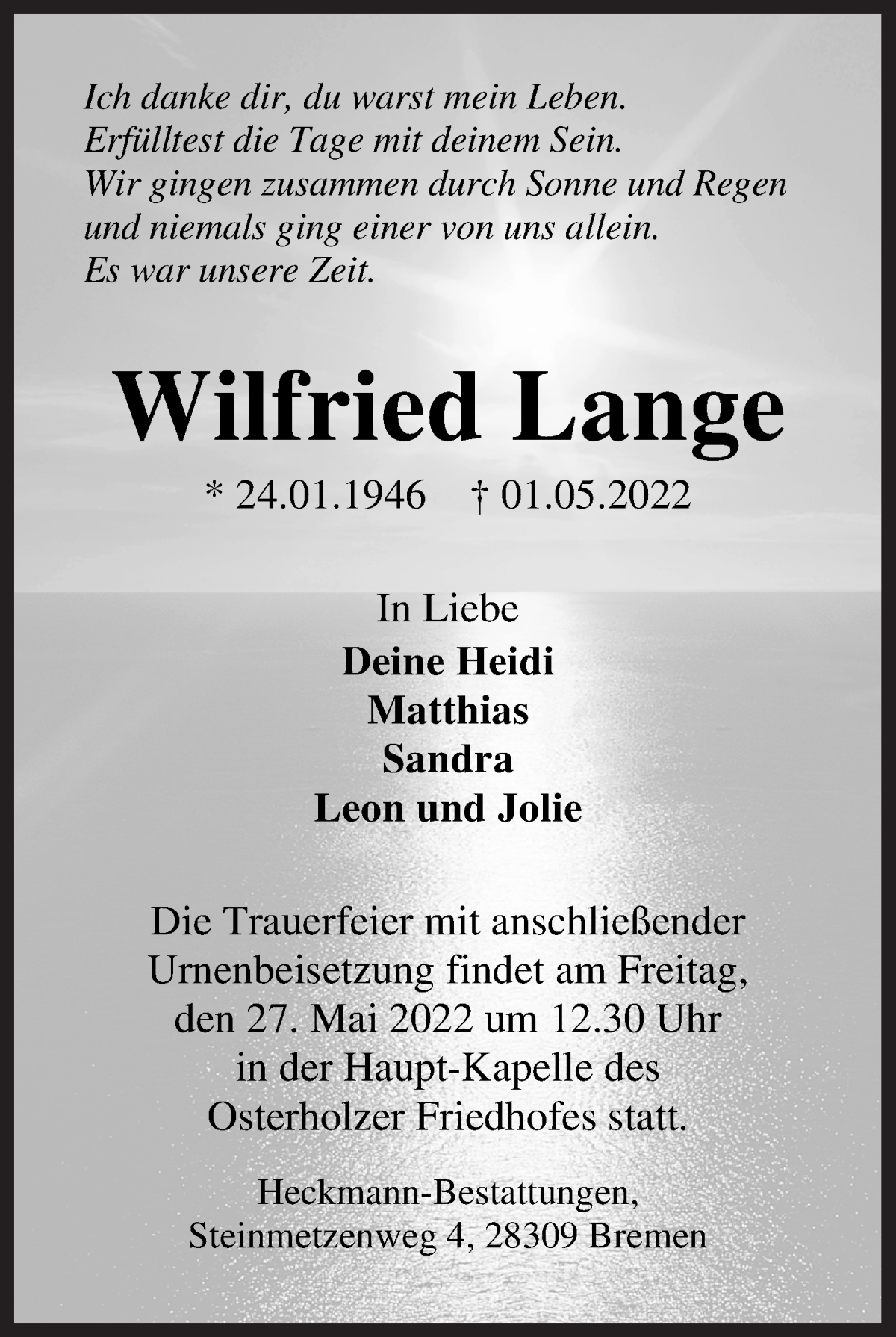  Traueranzeige für Wilfried Lange vom 14.05.2022 aus WESER-KURIER
