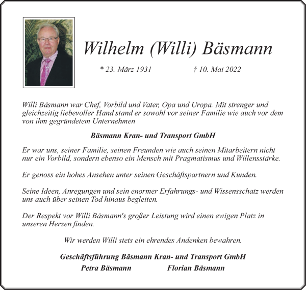 Traueranzeige von Wilhelm Bäsmann von Wuemme Zeitung