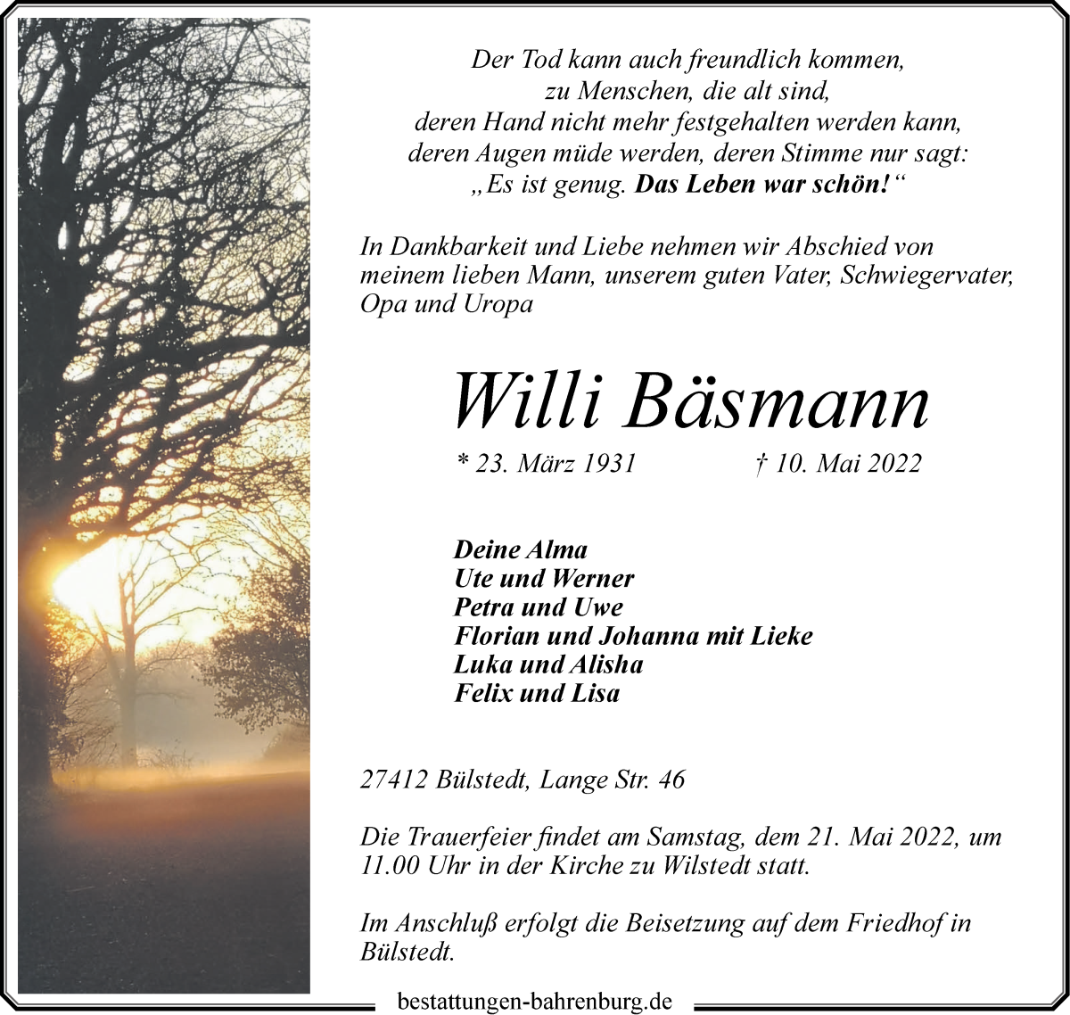  Traueranzeige für Wilhelm Bäsmann vom 13.05.2022 aus Wuemme Zeitung