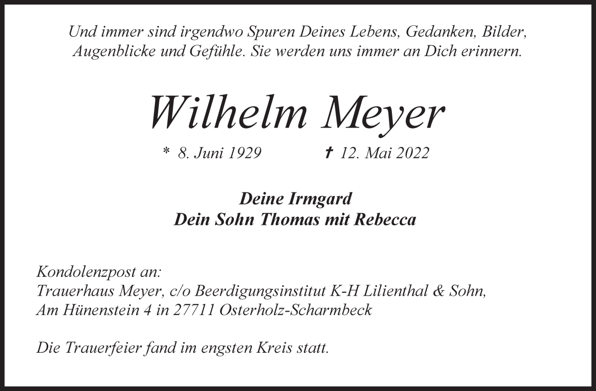 Traueranzeige von Wilhelm Meyer von Osterholzer Kreisblatt