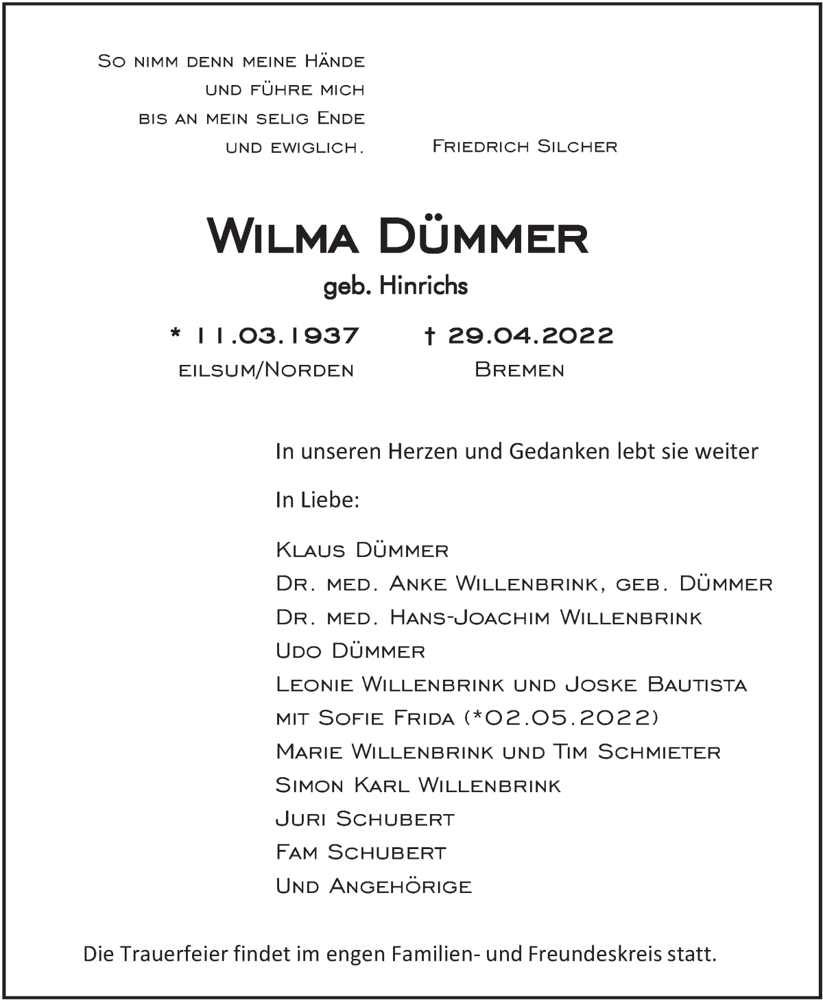 Traueranzeige von Wilma Dümmer von WESER-KURIER