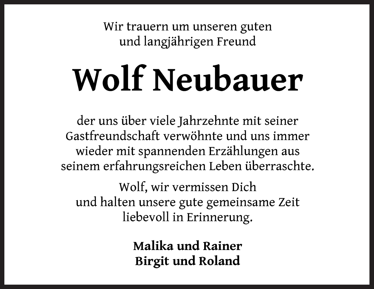 Traueranzeige von Wolf Neubauer von WESER-KURIER
