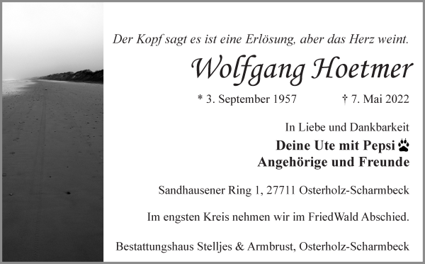 Traueranzeige von Wolfgang Hoetmer von Osterholzer Kreisblatt
