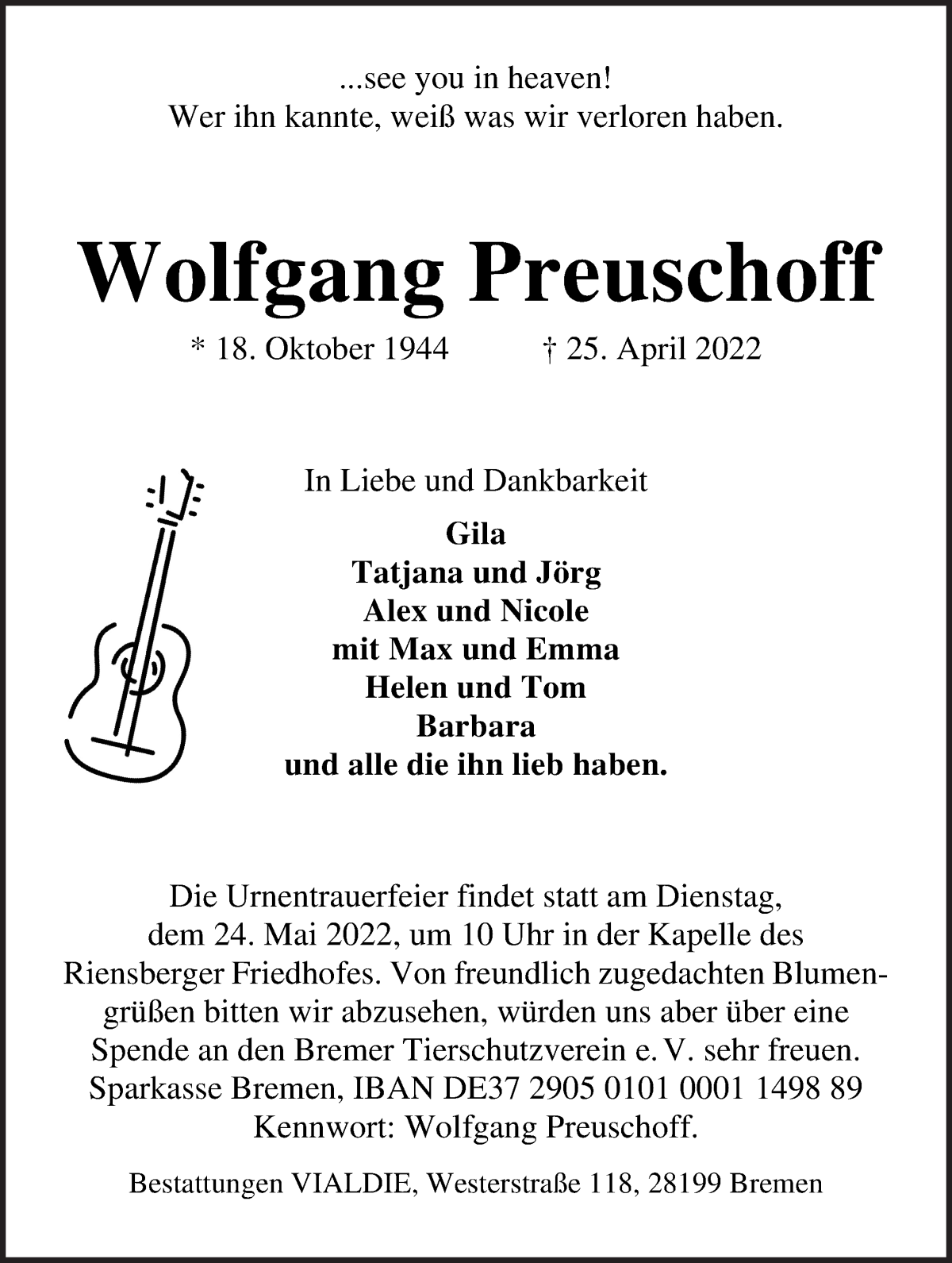  Traueranzeige für Wolfgang Preuschoff vom 07.05.2022 aus WESER-KURIER