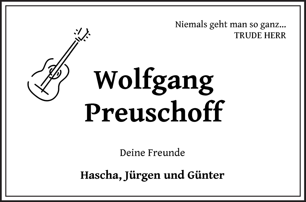  Traueranzeige für Wolfgang Preuschoff vom 07.05.2022 aus WESER-KURIER