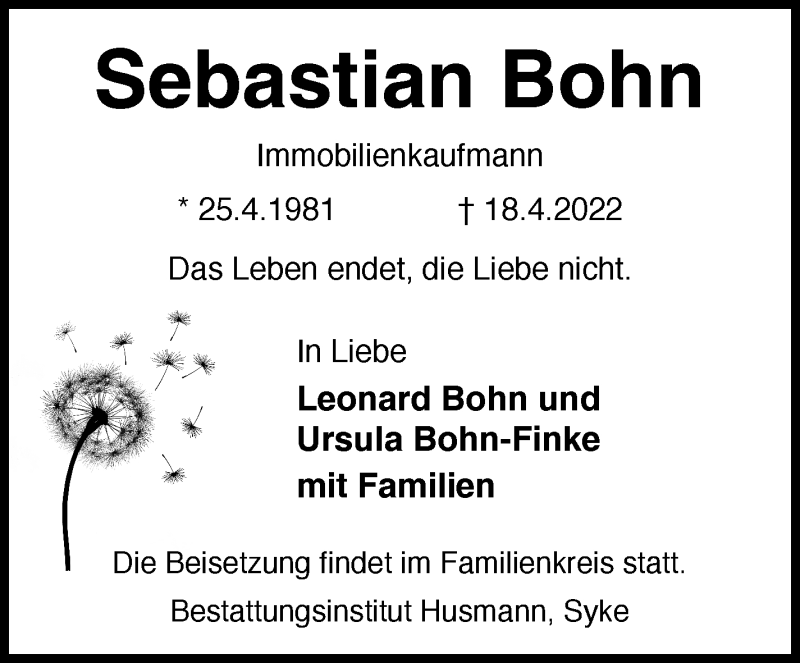  Traueranzeige für Sebastian Bohn vom 28.05.2022 aus WESER-KURIER