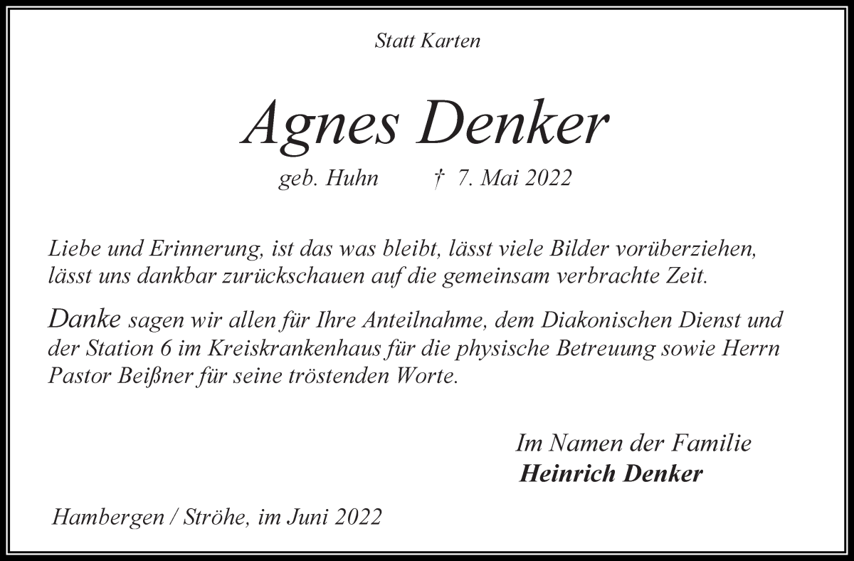  Traueranzeige für Agnes Denker vom 18.06.2022 aus Osterholzer Kreisblatt