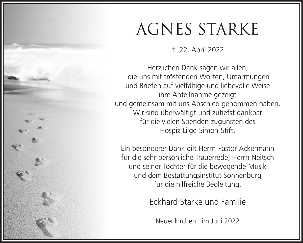 Traueranzeige von Agnes Starke von Die Norddeutsche