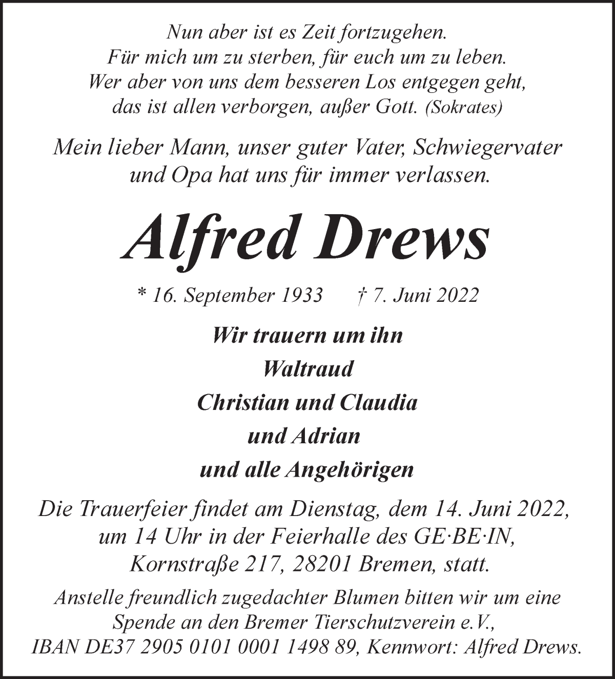  Traueranzeige für Alfred Drews vom 11.06.2022 aus WESER-KURIER