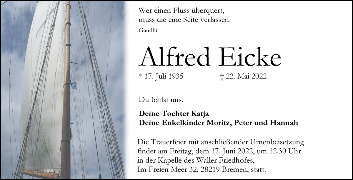 Traueranzeige von Alfred Eicke von WESER-KURIER
