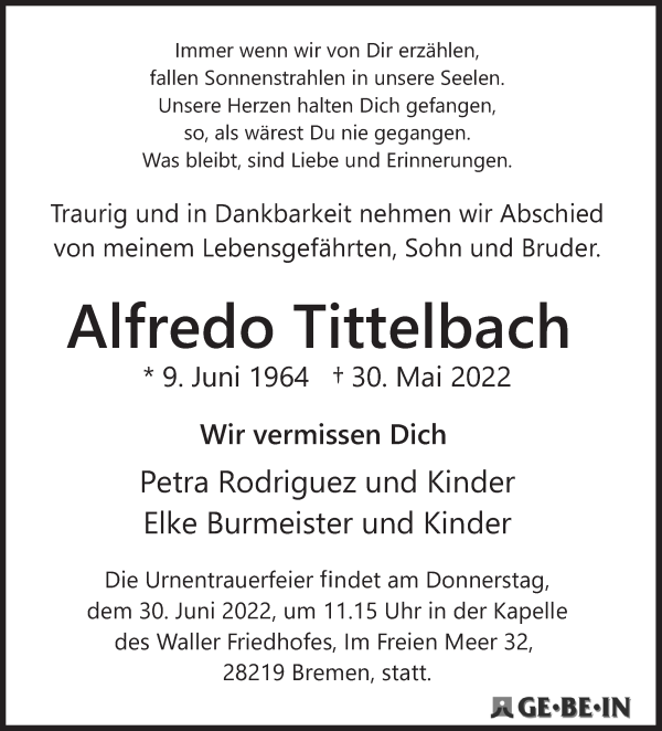 Traueranzeige von Alfredo Tittelbach von WESER-KURIER