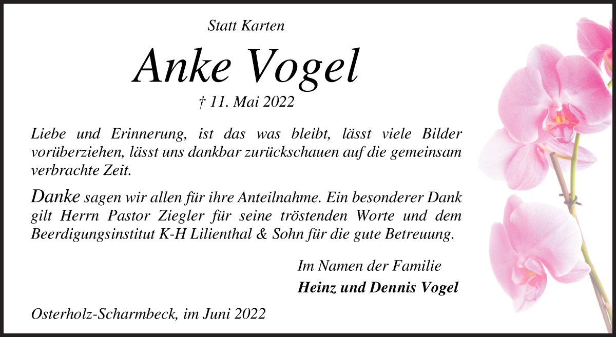  Traueranzeige für Anke Vogel vom 22.06.2022 aus Osterholzer Kreisblatt