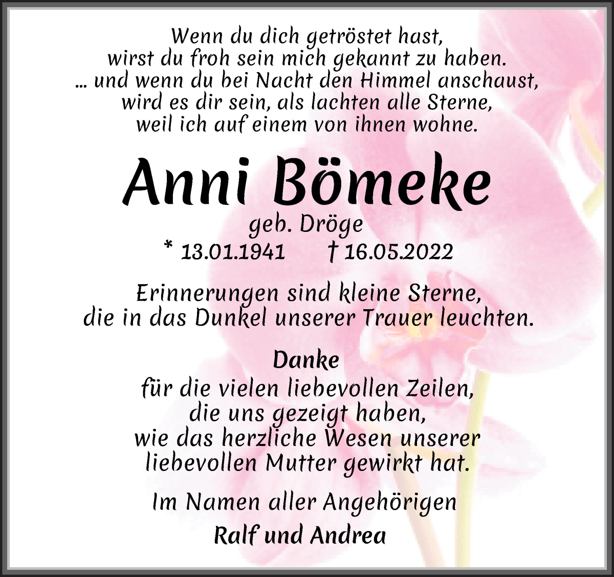  Traueranzeige für Anni Bömeke vom 11.06.2022 aus WESER-KURIER