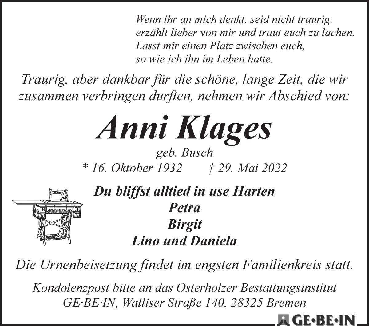  Traueranzeige für Anni Klages vom 11.06.2022 aus WESER-KURIER