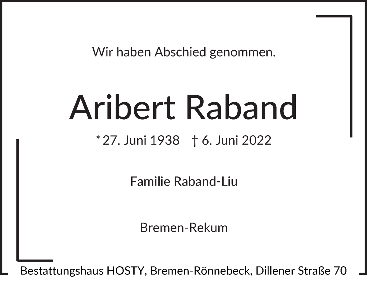 Traueranzeige von Aribert Raband von Die Norddeutsche