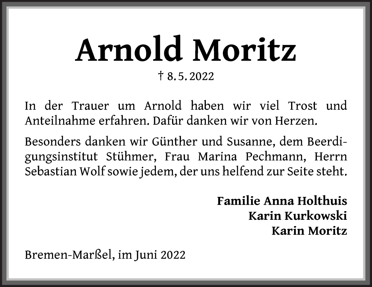  Traueranzeige für Arnold Moritz vom 04.06.2022 aus Die Norddeutsche