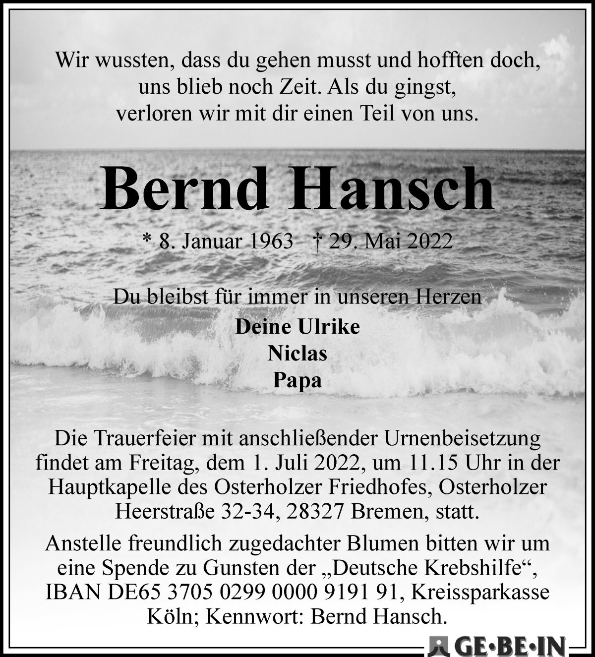  Traueranzeige für Bernd Hansch vom 11.06.2022 aus WESER-KURIER