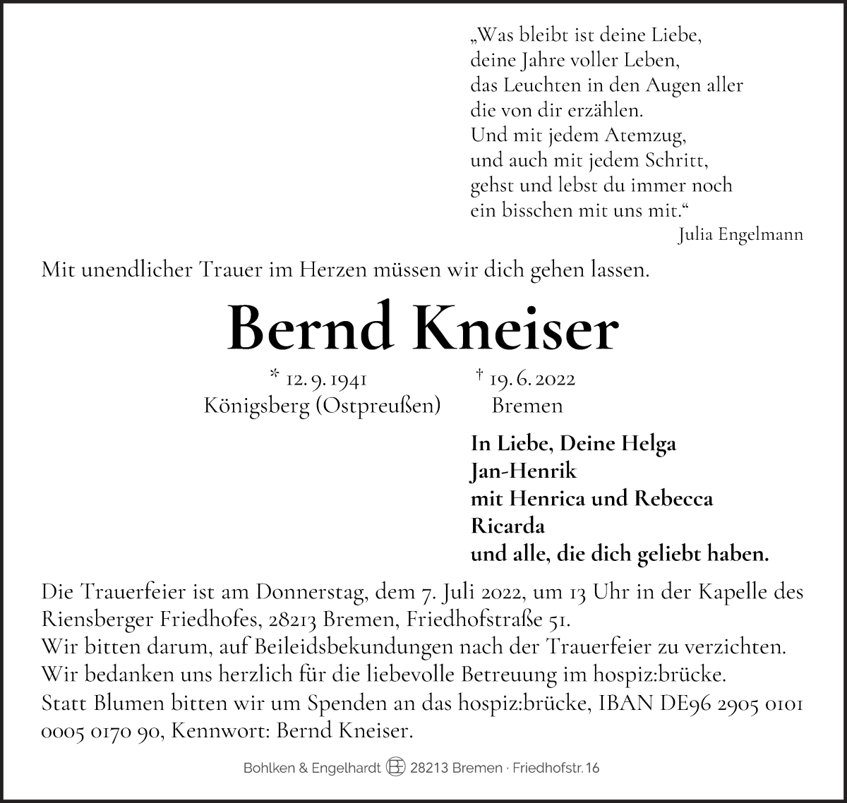 Traueranzeige von Bernd Kneiser von WESER-KURIER