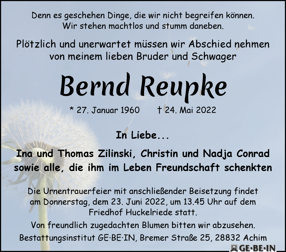 Traueranzeige von Bernd Reupke von WESER-KURIER