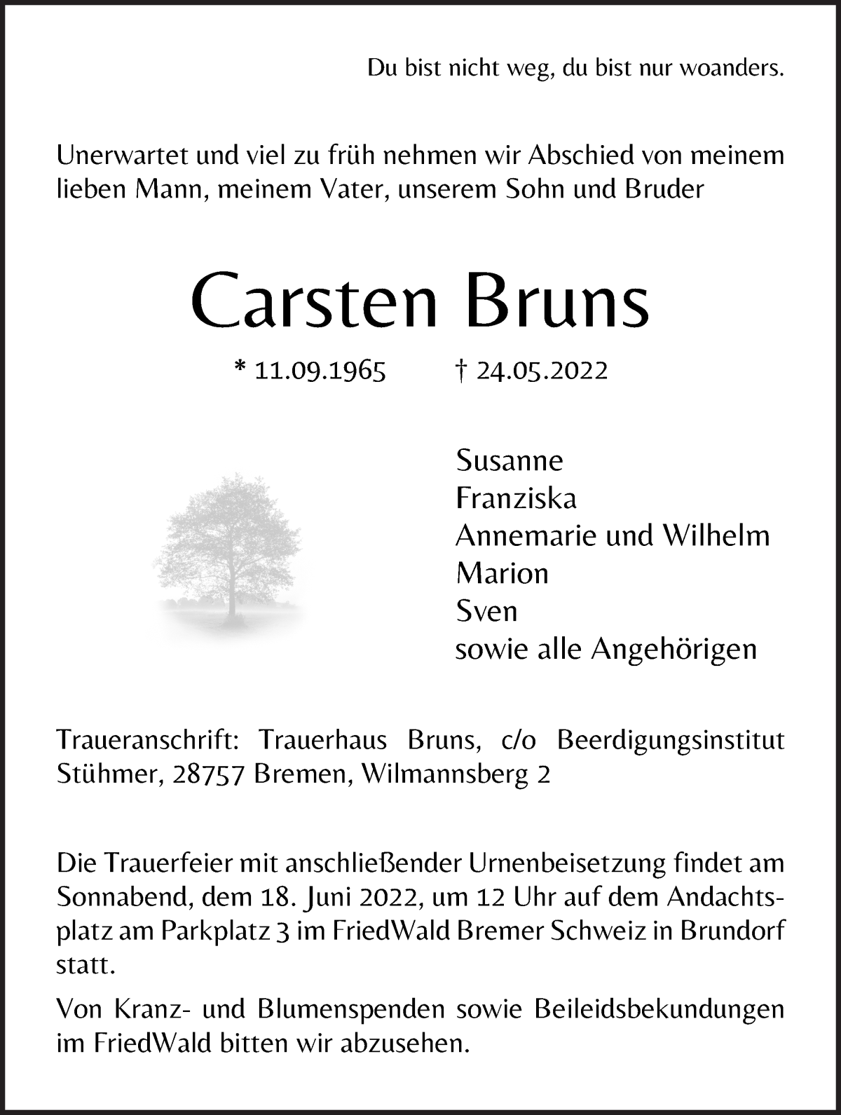  Traueranzeige für Carsten Bruns vom 01.06.2022 aus Die Norddeutsche